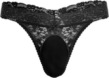 Men's lace thong underwear packaging with size chart included
