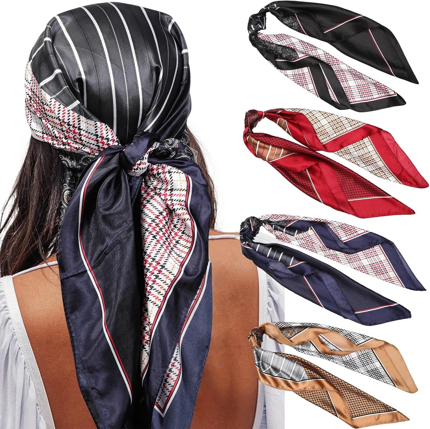 AWAYTR 35” Satin Large Square Head Scarves - 4PCS Silk like Neck Scarf Hair Sleeping Wraps Satin Silk Scarfs for Women