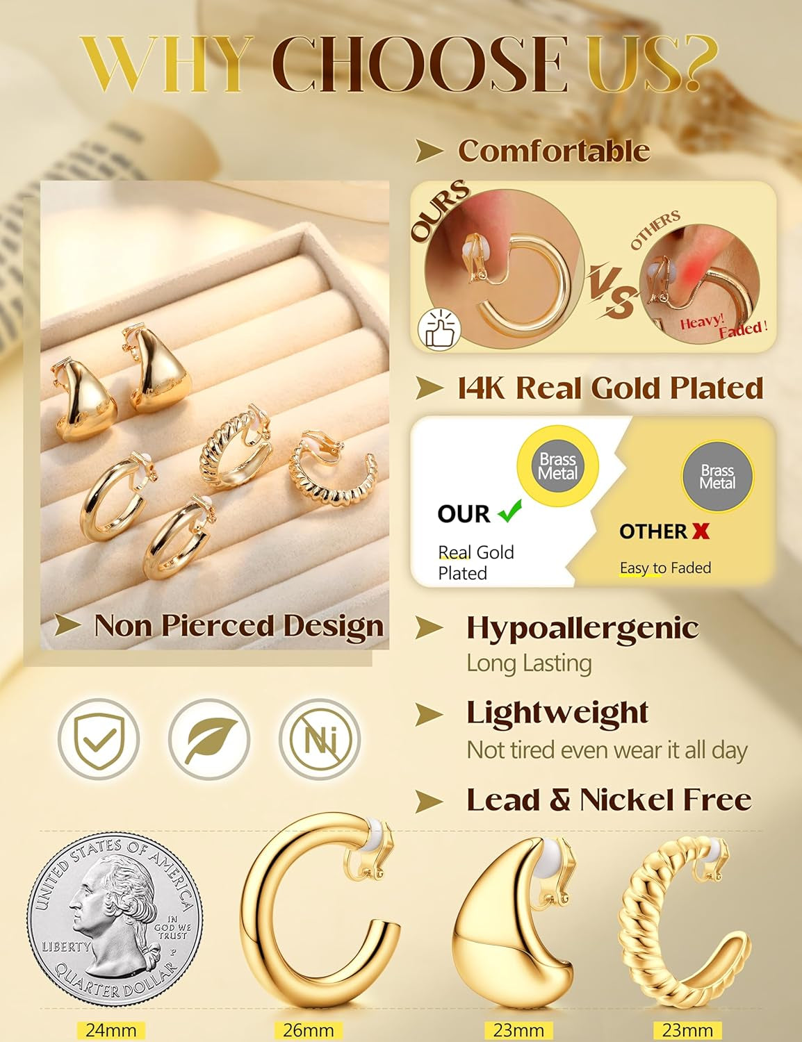 YADOCA 9 Pairs Gold Clip on Earrings for Women 14K Gold Plated Waterdrop Chunky Clip on Hoop Earrings No Piercing Fake Earrings Set