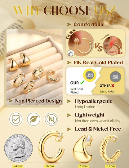 YADOCA 9 Pairs Gold Clip on Earrings for Women 14K Gold Plated Waterdrop Chunky Clip on Hoop Earrings No Piercing Fake Earrings Set