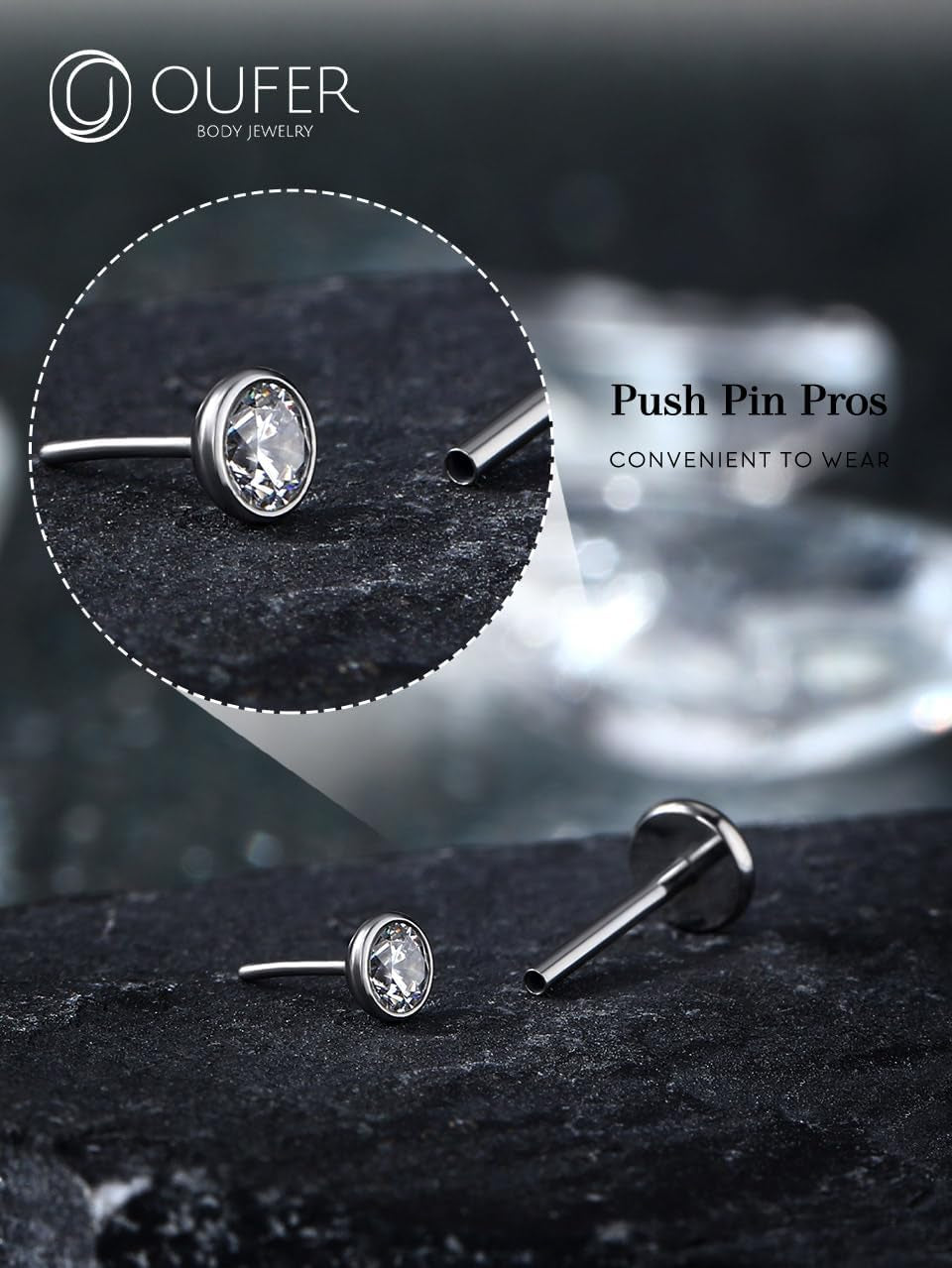 OUFER 2Pcs 20G/18G/16G G23 Titanium Threadless Nose Stud Earrings Flat Back Tiny CZ Small Nose Helix Cartilage Tragus Conch Labret Medusa Monroe Piercing Jewelry for Women Men