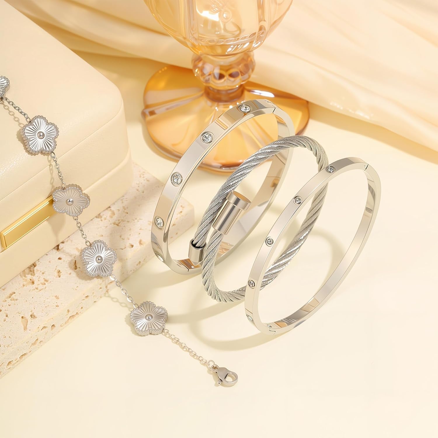 18K Gold Bracelets for Women - Stackable Clover & Nail Love Bangle Set - Non-Tarnish Stainless Steel Jewelry Gift for Valentine'S, Mother'S Day & Christmas