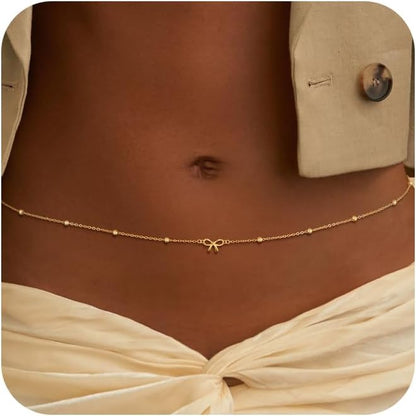 CHESKY Gold Waist Chain, Dainty Body Chain Jewelry for Women Non Tarnish Adjustable Waterproof Belly Chain Sexy Waist Beads for Womens Chain Belt Bow Heart Cross Gold Fall Jewelry for Women