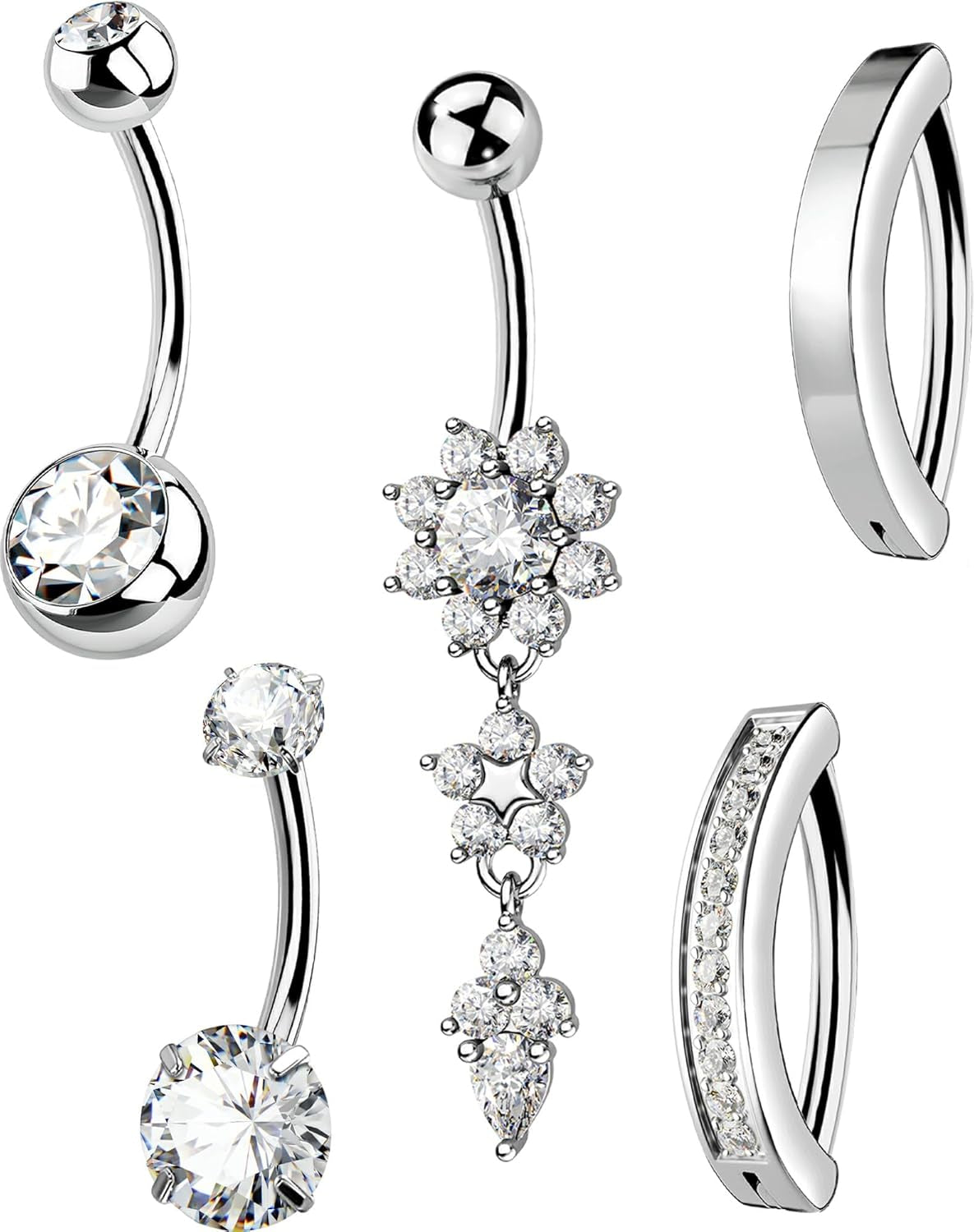 5PCS Belly Button Rings for Women 14G Dangle Navel Piercing Jewelry Set Surgical Stainless Steel Body Jewelry with CZ Butterfly Flower Teardrop Barbell for Beach Festival Daily