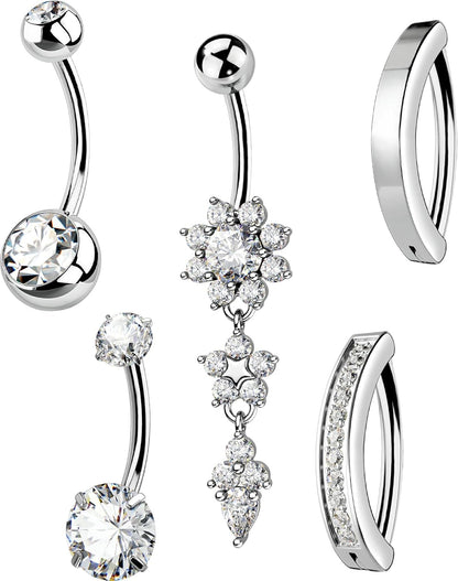 5PCS Belly Button Rings for Women 14G Dangle Navel Piercing Jewelry Set Surgical Stainless Steel Body Jewelry with CZ Butterfly Flower Teardrop Barbell for Beach Festival Daily