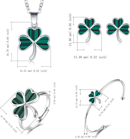 Shamrock St. Patrick'S Day Necklace Earrings Ring Bracelet Jewelry Set Green Three Leaf Heart Clover Jewelry Gift for Women