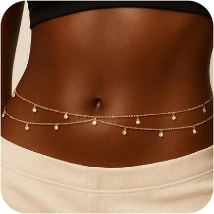 CHESKY Waist Chain for Women, Dainty 14K Gold Plated Waist Beads Gold Chain Belt for Womens Simple Body Chain Jewelry for Womens Belly Chain Y2K Belt Accessories Gold Jewelry for Women Gifts