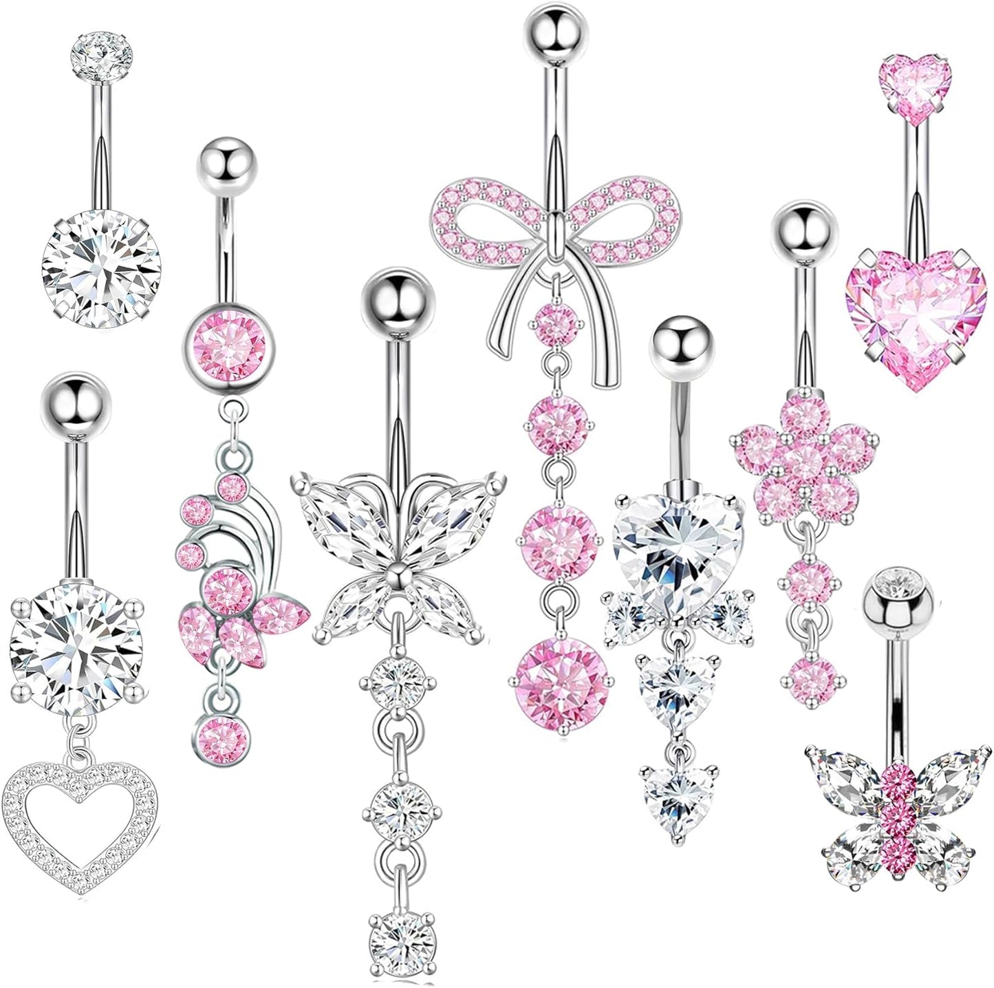 Suotarn 14G Belly Button Ring Dangle Belly Rings Surgical Stainless Steel Cute Bow Butterfly Heart Flower Dangling Belly Button Piercing Jewelry for Women Silver Dainty Dangly Navel Ring