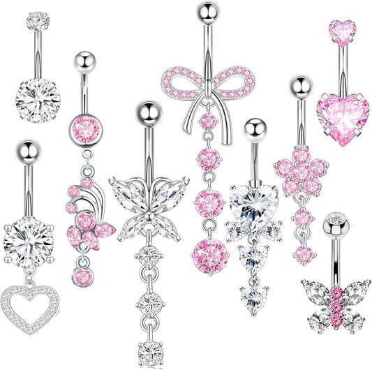 Suotarn 14G Belly Button Ring Dangle Belly Rings Surgical Stainless Steel Cute Bow Butterfly Heart Flower Dangling Belly Button Piercing Jewelry for Women Silver Dainty Dangly Navel Ring