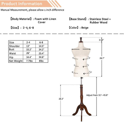 Bonnlo Upgraded Female Dress Form, Mannequin Torse Body with Adjustable Rubber Wood Stand for Dress Jewelry Display (White, 6-8)