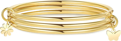 DS Bangle Bracelets for Women 18K Gold Plated Stainless Steel Layering Glossy Stackable Thin round Wire Cuff Bangle Bracelets Dainty Solid Polished Bracelet Minimalist Jewelry Best Gifts for Love