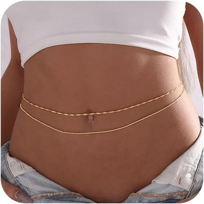 CAROVO Belly Waist Chain for Women 14K Gold Silver Plated Layered Body Chains Boho Cuban Figaro Pearl Heart Coin Satellite Bead Belly Chain Sexy Bikini Body Jewelry for Women Adjustable