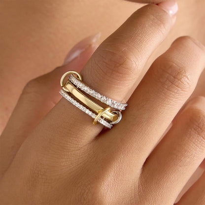 18K Gold Plated Stackable Rings for Women Non Tarnish, 3 Rings Interlocking Ring Stack Set with Cubic Zirconia, Dainty Statement Connected Mixed Metal Ring Band for Women