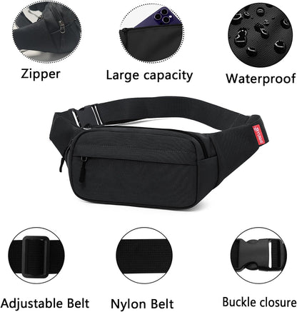 ZMD Small Hip Pack for Men & Women, Crossbody Belt Fanny Pack Sports Hiking Waist Bag Fits All Phones with 3-Zipper Pockets, Hip Bum Bag for Casual Workout Outdoors Running Walking Traveling, Black