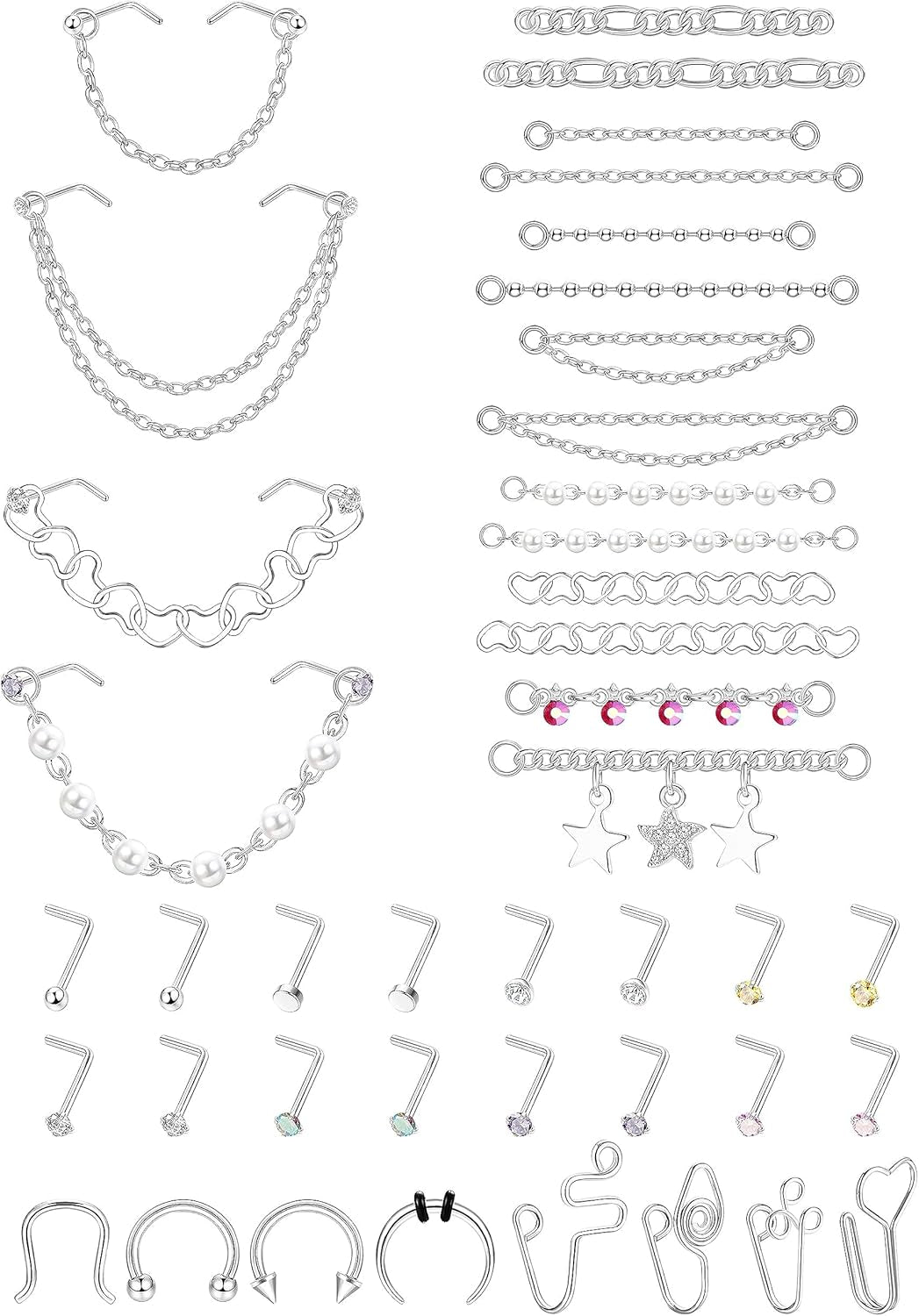 20G Nose Rings Studs with Chains African Nose Ring Cuff Horseshoe Septum Rings Stainless Steel Star Heart Nose Ring Chain Piercing Jewelry Set for Women Men