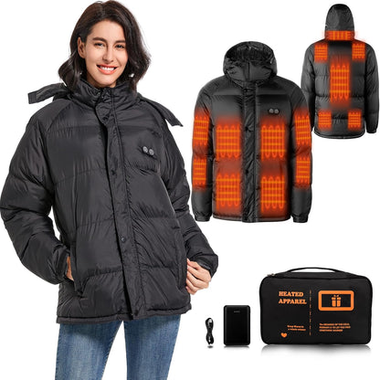 Women's heated jacket full length view showing coverage areas