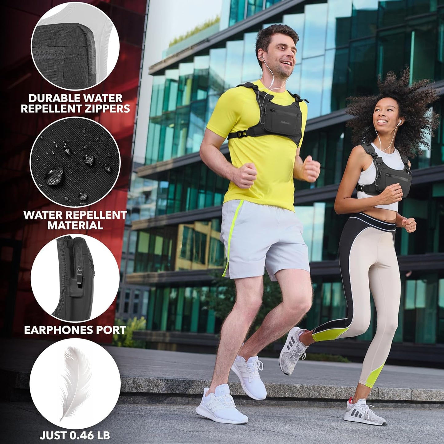 Running chest pack showing hidden security pockets and reflective strips