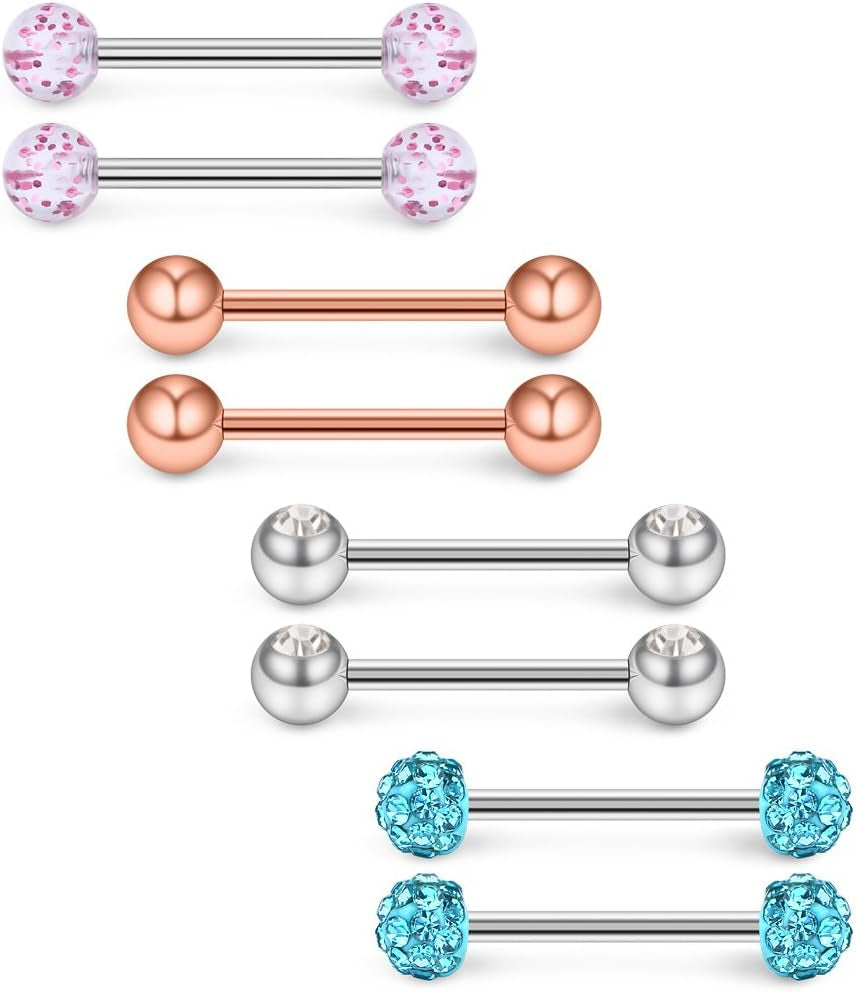 Ruifan 14G 9/16Inch Crystal Ball Nipple Tongue Shield Ring Barbell Body Piercing Jewelry Retainer 8-14PCS