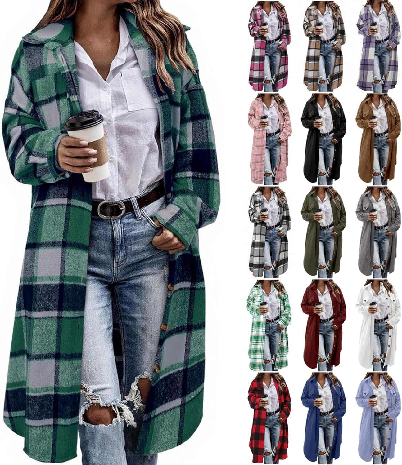 Flannel Shirt Women Plaid Jacket Womens Shacket Casual Lapel Button down Long Sleeve Trench Coat Warm Winter Jackets