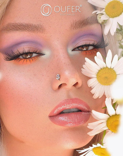 OUFER 925 Sterling Silver Nose Studs, Cute Flower Nose Rings for Women, L-Shaped Pink Clear CZ Nostril Piercing Jewelry-7Mm