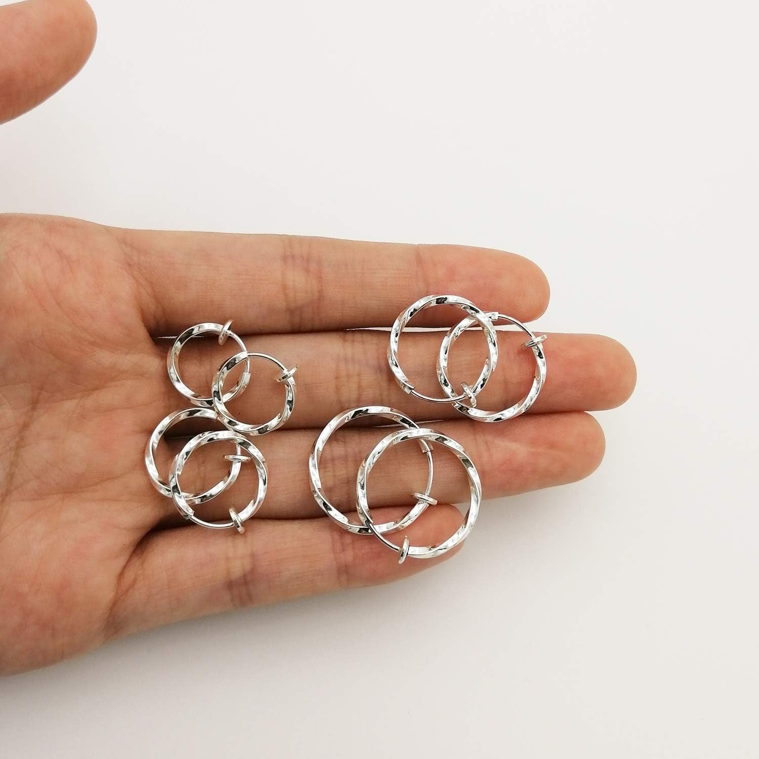 LAXPICOL Twisted Clip on Earrings 4PCS Different Size Gold Silver Grey Rose Gold Tone 0.51IN/0.59IN/0.70IN/0.78IN Stainless Hoop Earrings for Women No Piercing