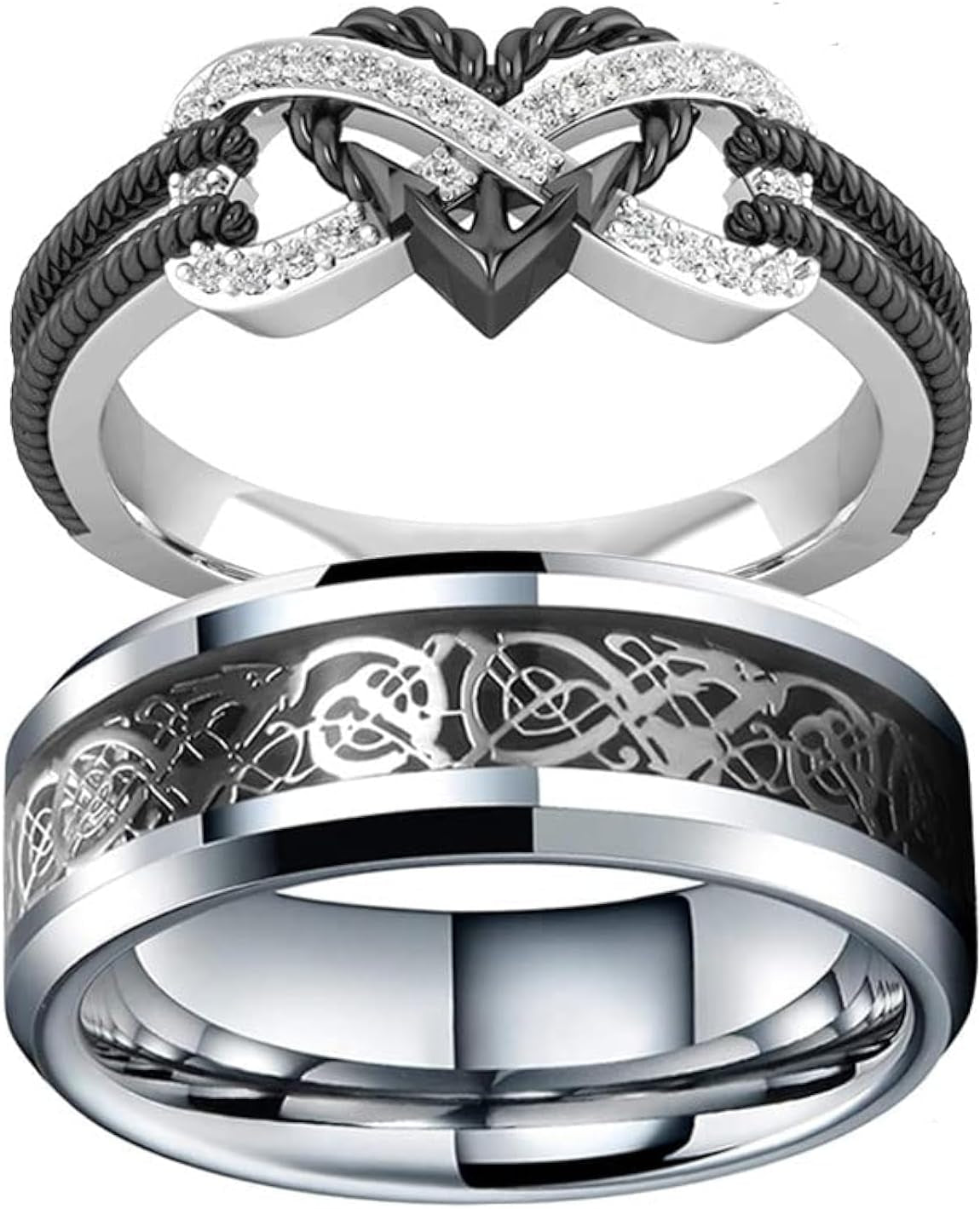 Silver heart-shaped couple rings with Celtic dragon design