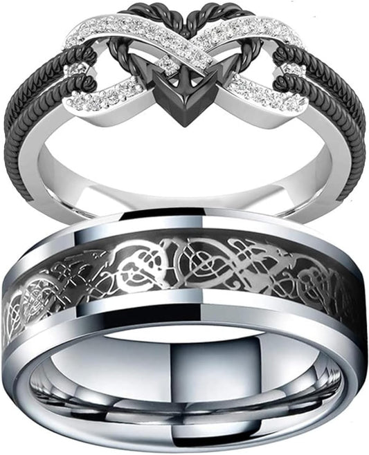 Silver heart-shaped couple rings with Celtic dragon design