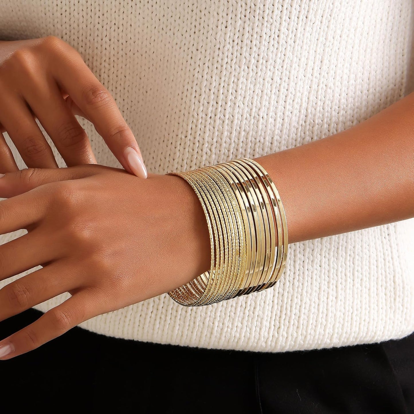 Boho style gold plated bangles with varying texture designs