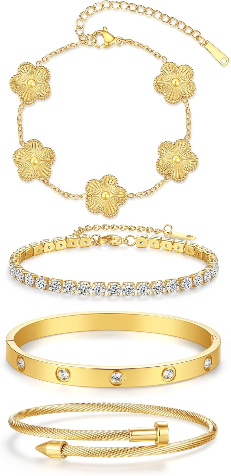 Gold Tone Clover Bracelets Set Love Bangles Bracelets for Women Non Tarnish, Stacking Bracelets Trendy Jewelry Gift for Women