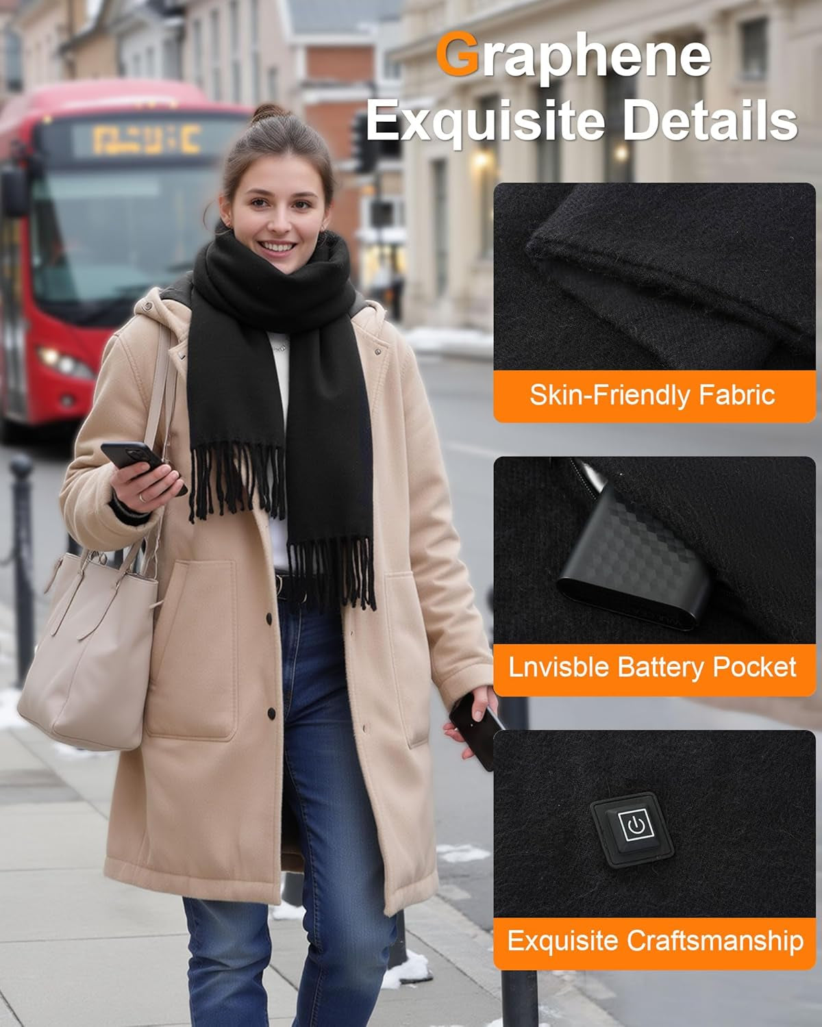 Wulcea Graphene Heated Scarf for Women 5V2A 6000Mah Fast Charge Large Capacity Battery