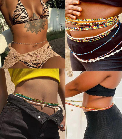 12PCS 24-70 Inches plus Size Waist Beads Chains for Women Handmade African Belly Beads Layered Body Chain Beach Bikini Jewelry