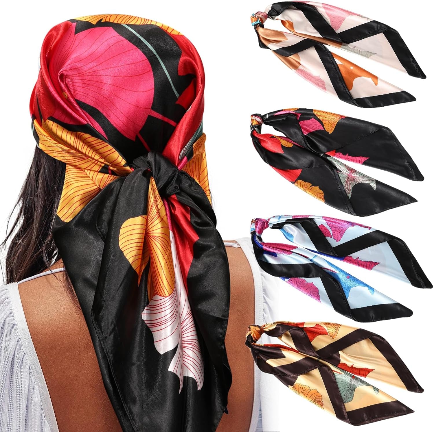 AWAYTR 35” Satin Large Square Head Scarves - 4PCS Silk like Neck Scarf Hair Sleeping Wraps Satin Silk Scarfs for Women