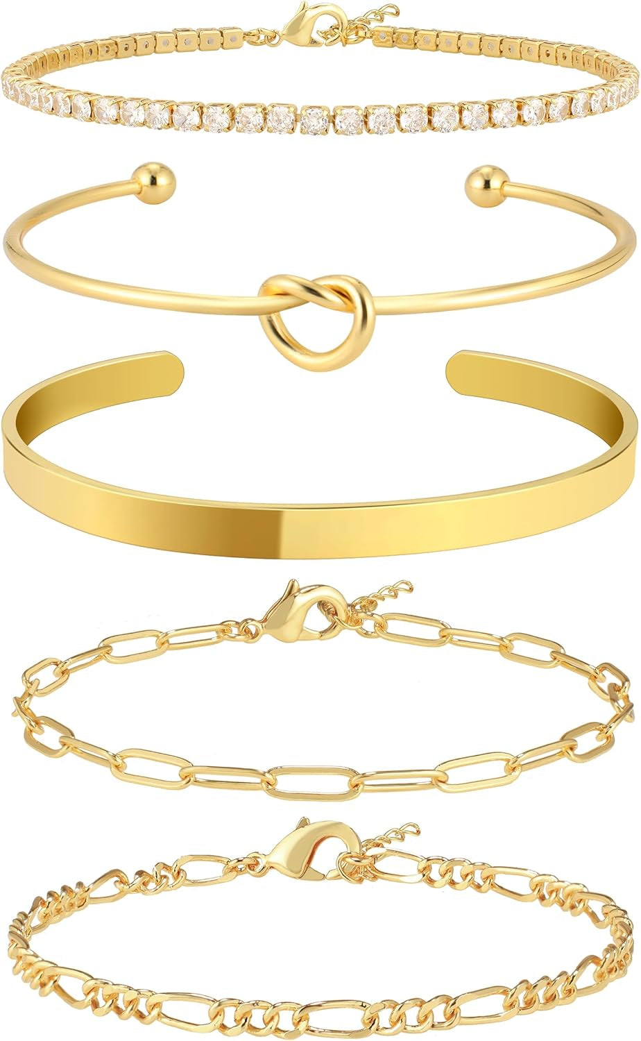 Christmas Stocking Stuffers Gold Bangle Cuff Knot Bracelet for Women Stack Non Tarnish Gold Plated Dainty Cubic Zirconia Tennis Bracelets Jewelry Set for Women Trendy
