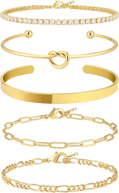 Christmas Stocking Stuffers Gold Bangle Cuff Knot Bracelet for Women Stack Non Tarnish Gold Plated Dainty Cubic Zirconia Tennis Bracelets Jewelry Set for Women Trendy