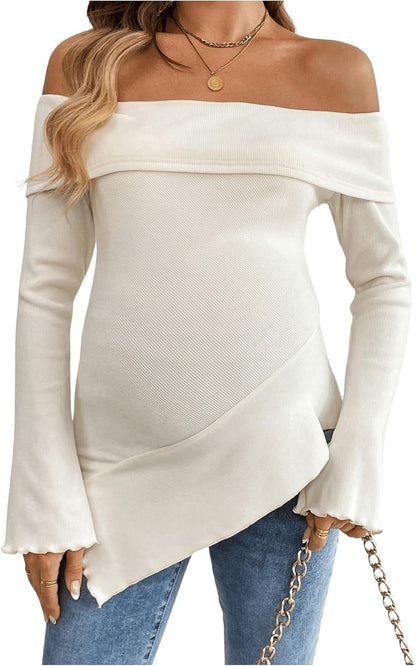 Makemechic Women'S Maternity Tops off Shoulder Lettuce Trim Flounce Sleeve Pregnancy Shirt
