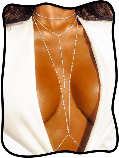 Urieo Sparkly Beads Bra Chain Silver Crystal Chest Chains Rhinestone Layered Sexy Nightclub Beach Rave Body Chain for Women