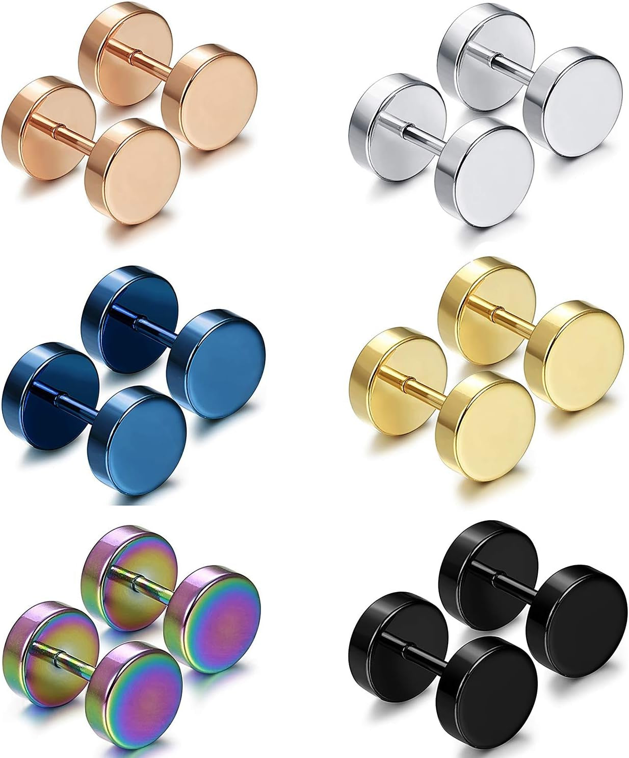 Aroncent 6 Pairs 4-14Mm Black Earrings for Men Women Fake Gauges Fake Earrings Stainless Steel Earrings Set