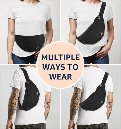 Woman wearing large crossbody pack for travel