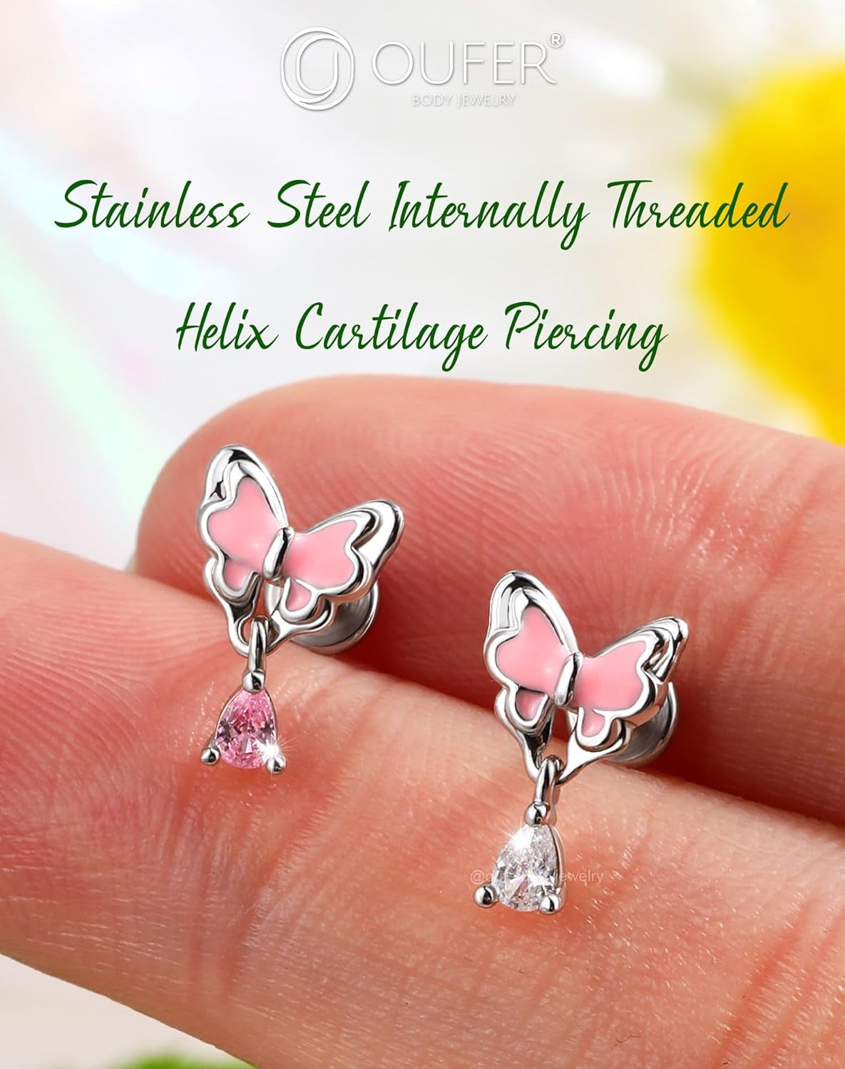 OUFER Pink Dangle Butterfly Cartilage Earrings Studs, Silver 16G Helix Earrings Flat Back Internally Threaded Helix Cartilage Tragus Piercing Jewelry for Women Men-6Mm