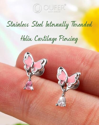 OUFER Pink Dangle Butterfly Cartilage Earrings Studs, Silver 16G Helix Earrings Flat Back Internally Threaded Helix Cartilage Tragus Piercing Jewelry for Women Men-6Mm