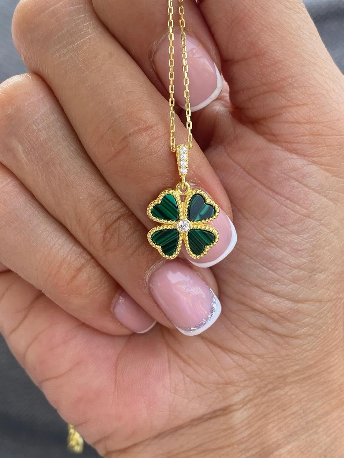 Four Leaf Clover Necklace, Gold-Plated Chain, Malachite Green Hearts, Crystal Center