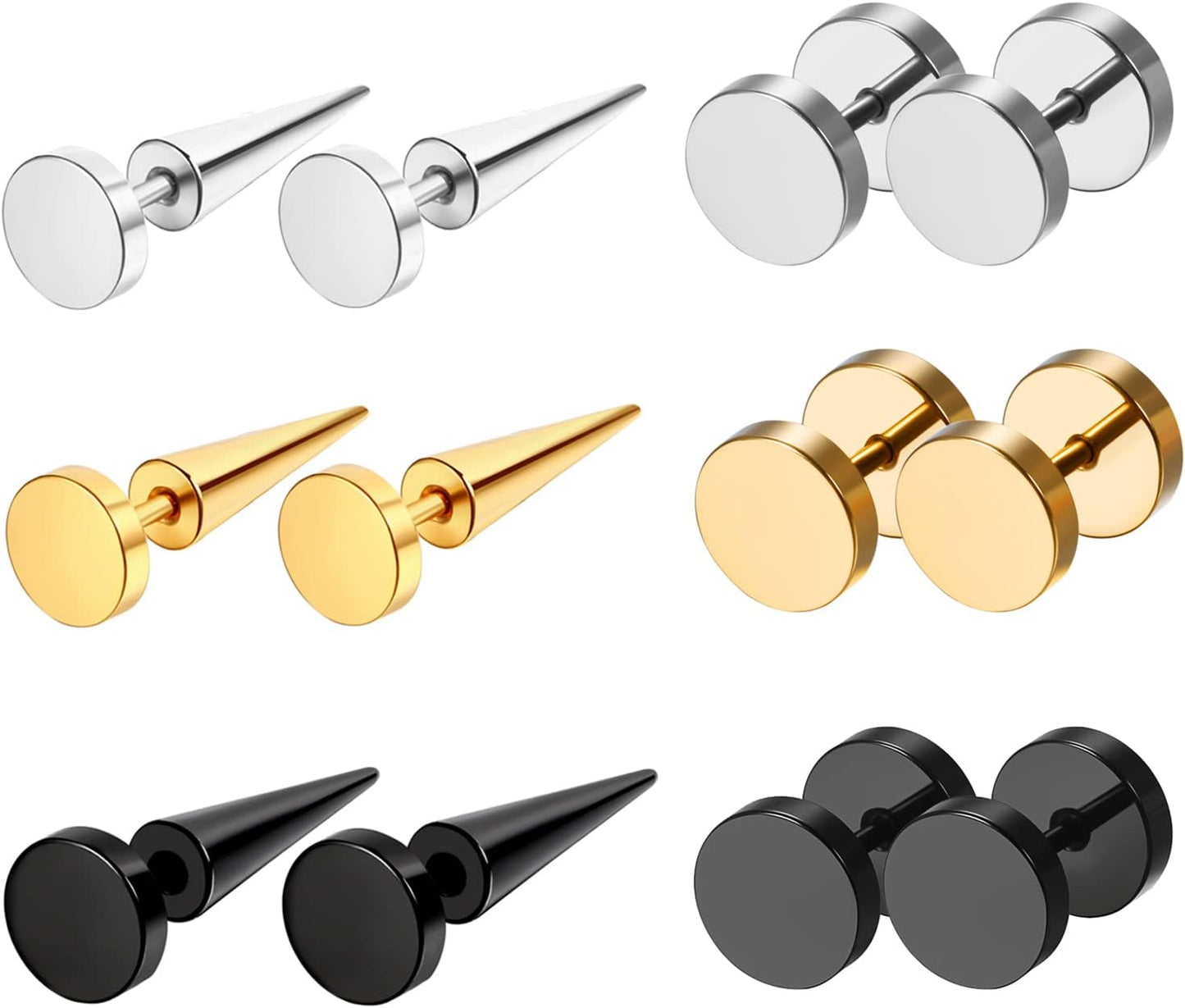 Aroncent 6 Pairs 4-14Mm Black Earrings for Men Women Fake Gauges Fake Earrings Stainless Steel Earrings Set