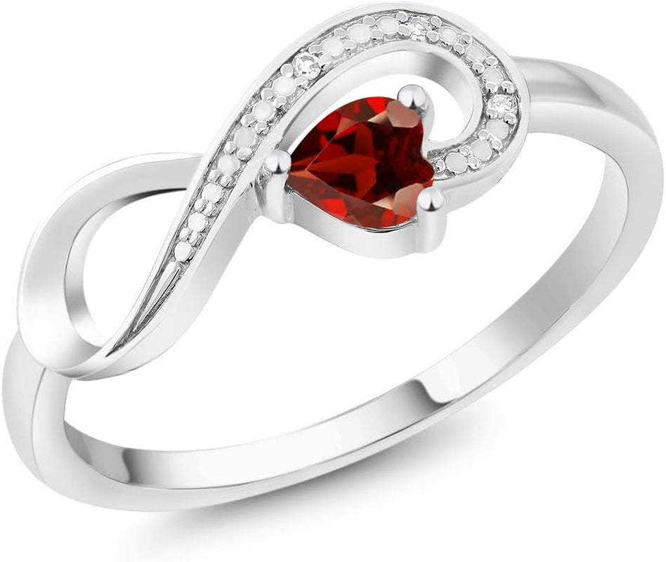 Gem Stone King Infinity Ring for Women | 10K White Gold | 4MM Heart Gemstone Birthstone and White Diamond Accent | Heart Shape Wedding Engagement Anniversary Promise Ring for Women