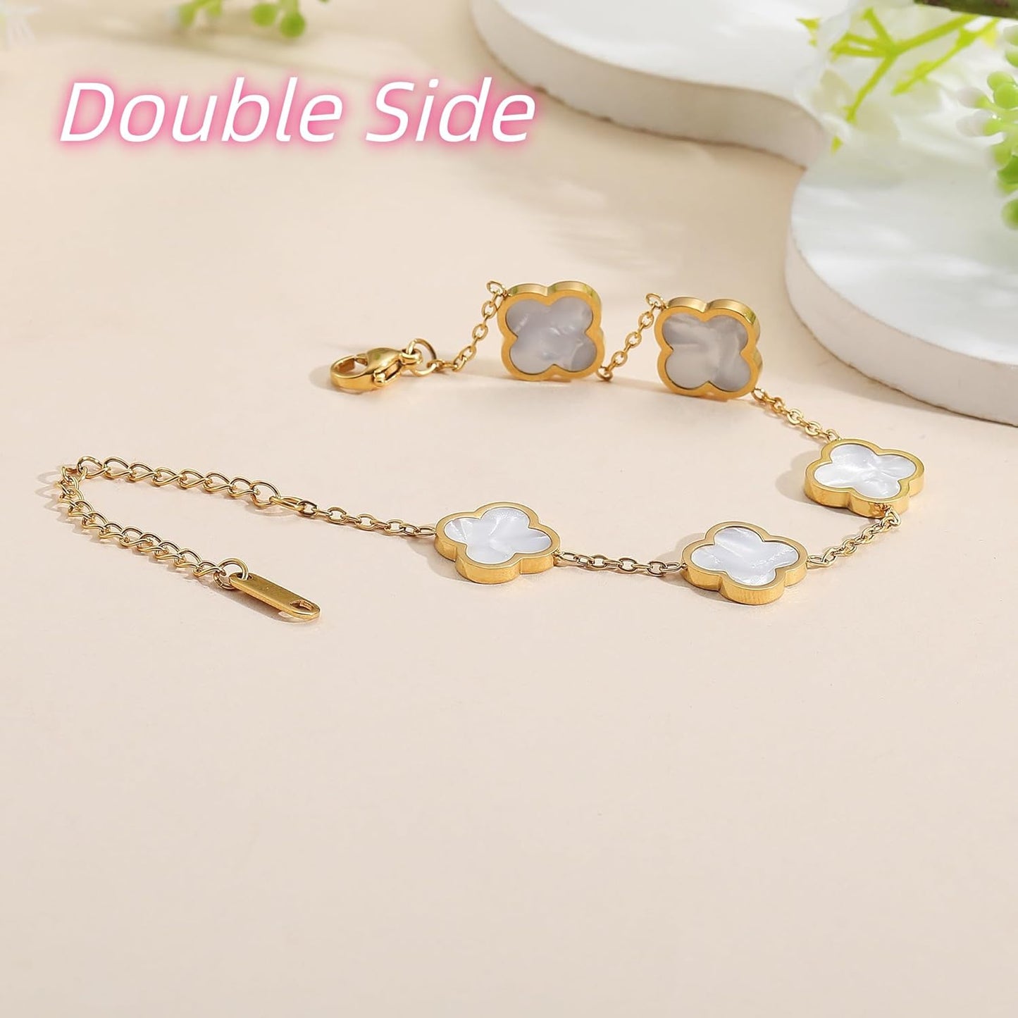 18K Gold Clover Lucky Bracelet – Double-Sided Pearl Flower Charms, Reversible Design, Adjustable Trendy Jewelry Gift for Women