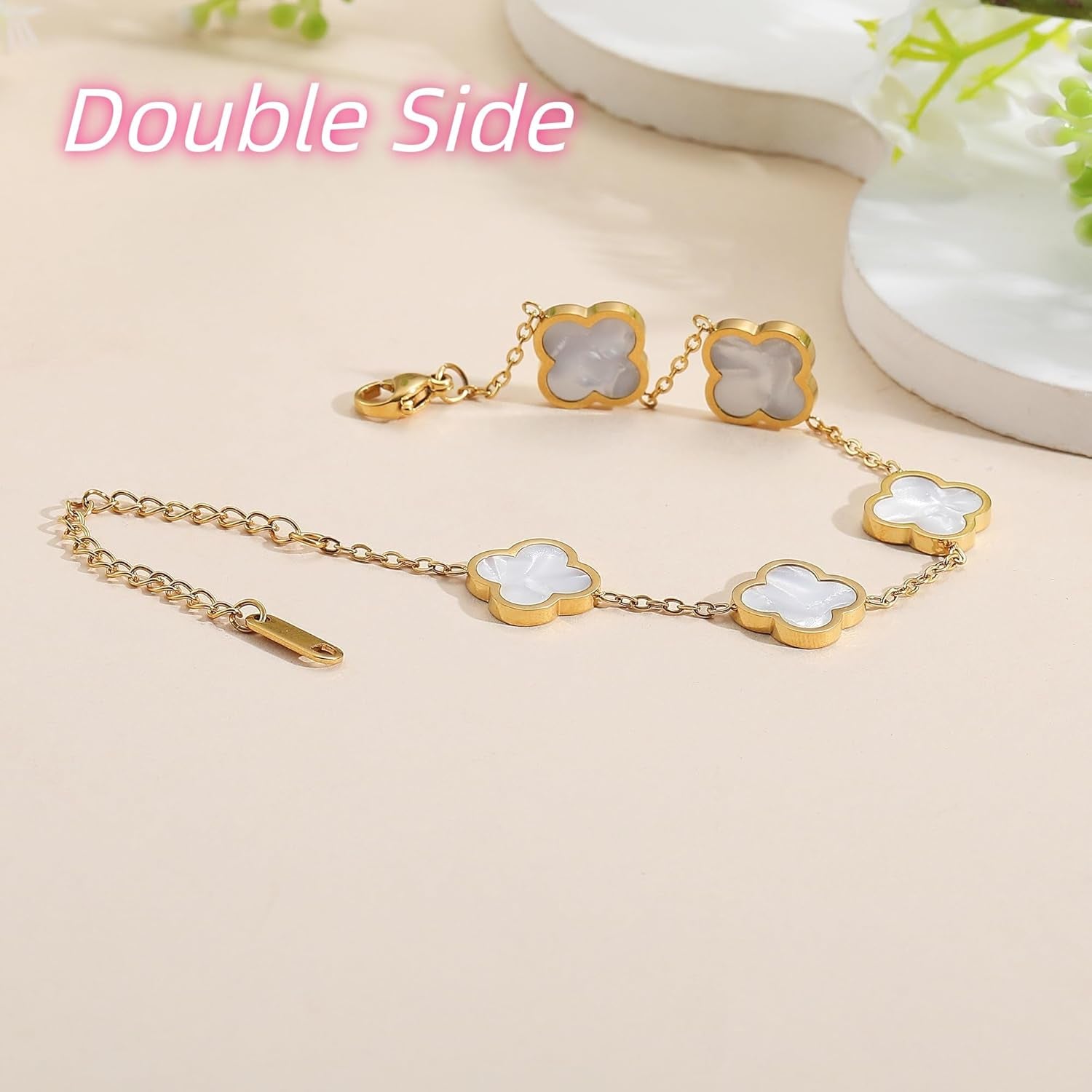 18K Gold Clover Lucky Bracelet – Double-Sided Pearl Flower Charms, Reversible Design, Adjustable Trendy Jewelry Gift for Women