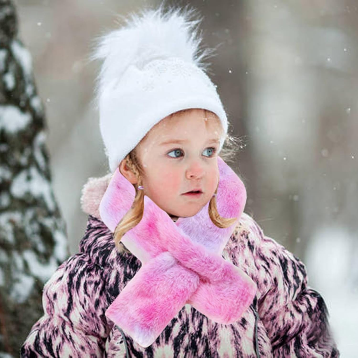 Kids Toddler Scarf Winter Rainbow Scarf Gradient Cross Tie Collar Fluffy Fur Plush Scarves Neck Warmer for Girls Boys