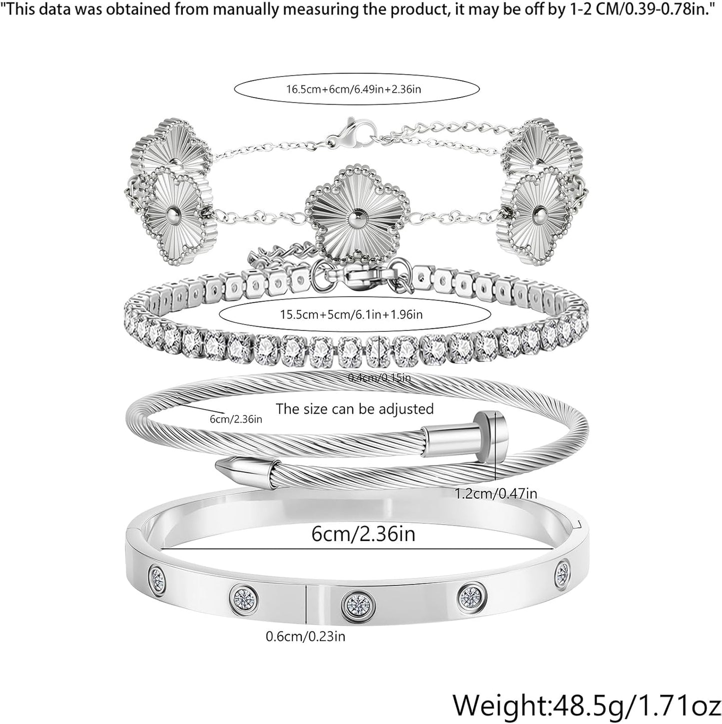 Gold Bracelets for Women-4Pcs 18K Gold Plated Love Bangle Tennis Clover Nail Bracelets Stack Set for Women Trendy Non Tarnish Stainless Steel Gold Bangles Accessories Designer Jewelry