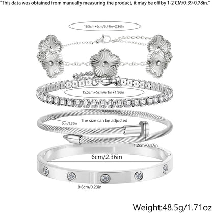 Gold Bracelets for Women-4Pcs 18K Gold Plated Love Bangle Tennis Clover Nail Bracelets Stack Set for Women Trendy Non Tarnish Stainless Steel Gold Bangles Accessories Designer Jewelry