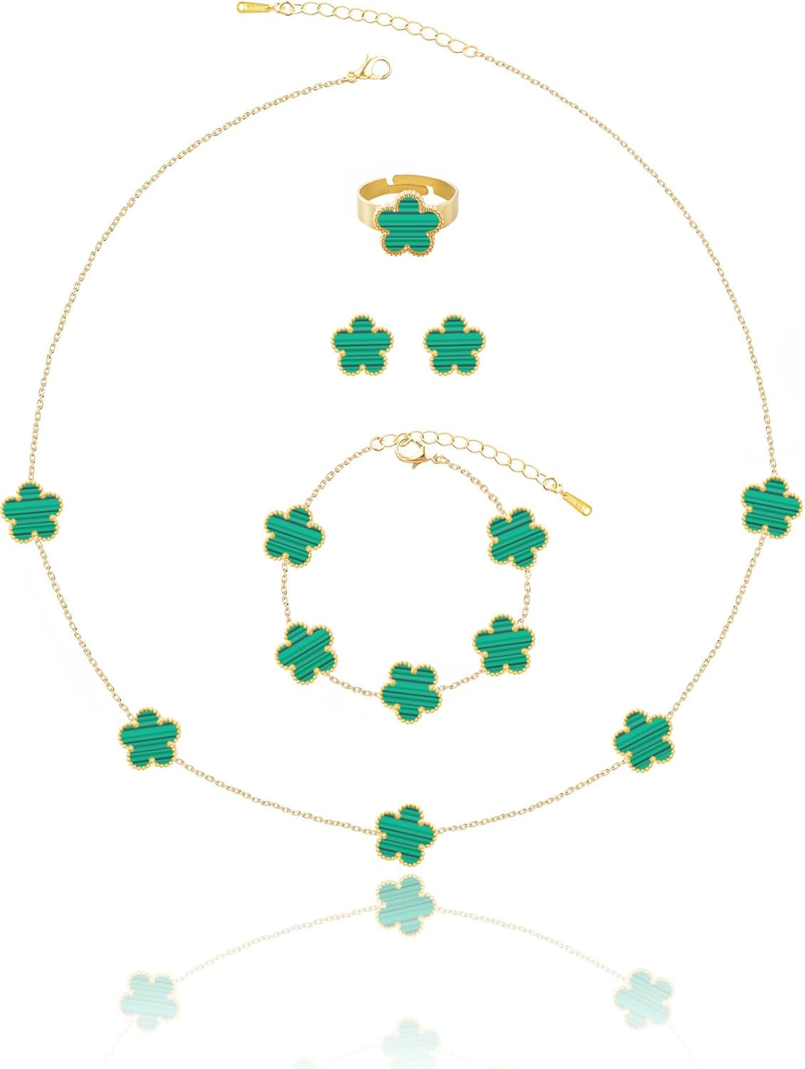 Gold Plated Five Leaf Clover Necklace Bracelet Rings and Stud Earrings Set for Women Lucky Flower Jewelry