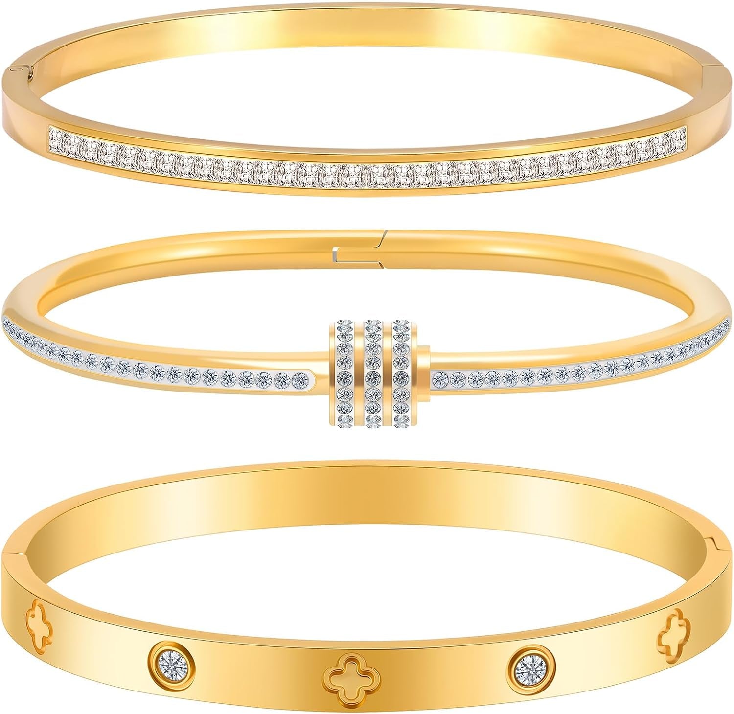 Gold Bracelets for Women - Stackable Bangles with Love & Friendship Theme - Stainless Steel Jewelry Gift for Her